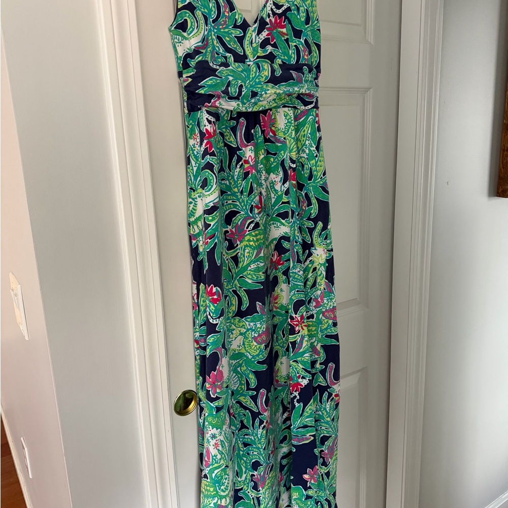 Lilly Pulitzer Sloane Navy Maxi Dress with Green & Pink Botanical Print
